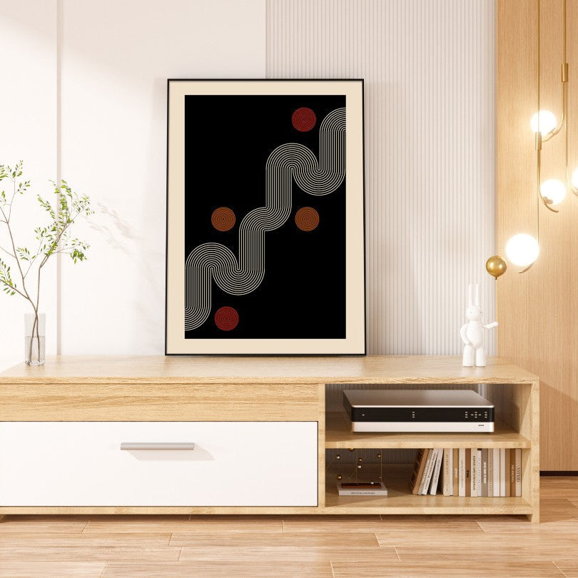 Modern living room with wooden TV stand, abstract art, and decorative elements.
