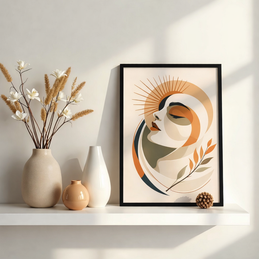 Framed abstract woman art piece on a shelf with decorative vases and plants.