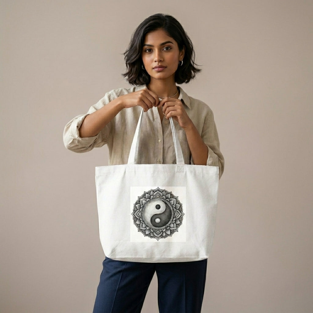 Woman holding a white tote bag with a mandala design on a beige background