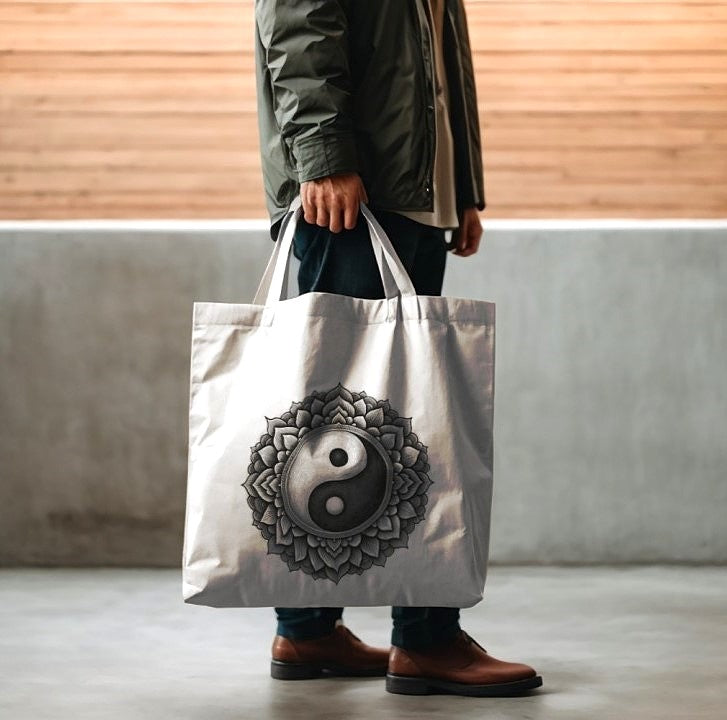 Person holding a silver tote bag with a mandala design and yin yang symbol.