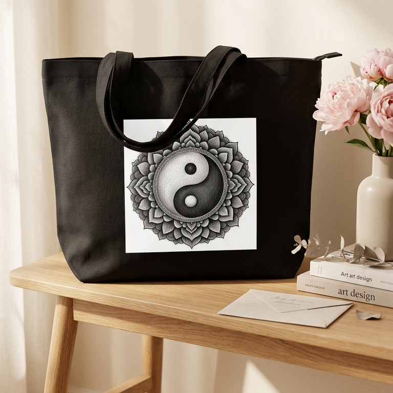 Black tote bag with a mandala and yin yang design on a wooden table with flowers and books.